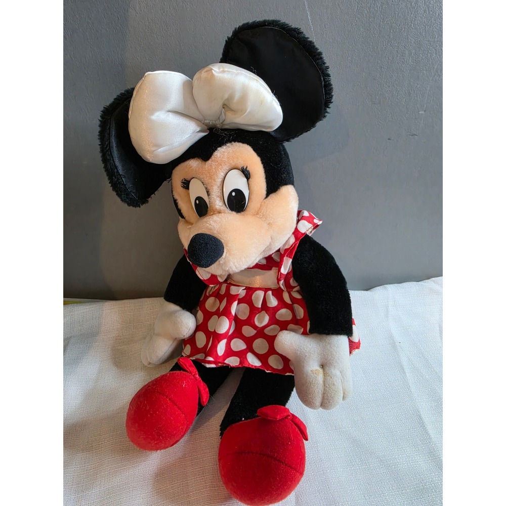 Vintage Disney Minnie Mouse Plush Polka Dot Dress White Bow Toy Collectible